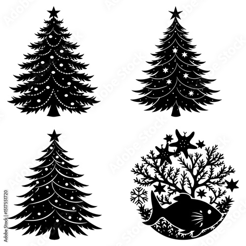 Illustration featuring four christmas themed designs with christmas trees and a fish in a coral reef scene