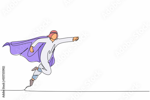 Single continuous line drawing super Arabian businessman punches pose, employee superhero flying, business concept power, success and overcome difficulties. One line graphic design vector illustration