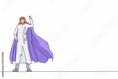Single one line drawing superhero strong showing muscle. Superhero officer in action. Arabian businessman character superhero. Office employees. Continuous line draw design graphic vector illustration
