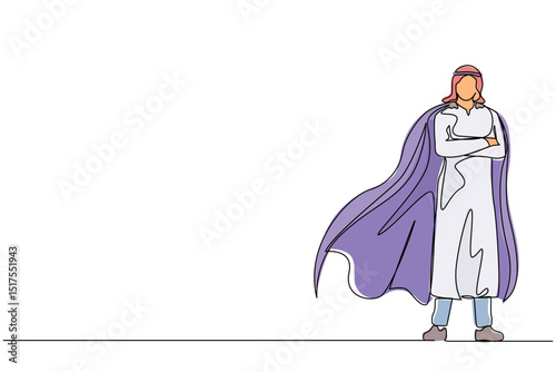 Single one line drawing determined Arabian businessman or office worker super hero in cloak. The concept of leadership and strength in business. Continuous line draw design graphic vector illustration