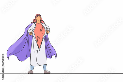 Single continuous line drawing young Arabic businessman revealing his true identity of powerful superhero. Superhero tearing shirt and wearing costume. One line draw graphic design vector illustration