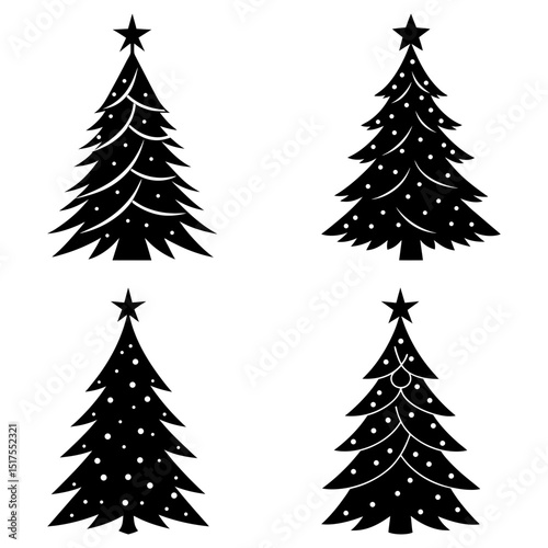 Four stylized christmas trees in black silhouette with star toppers and white dot decorations arranged neatly