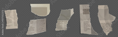 Torn newspaper fragments, ripped paper scraps with text. Crumpled news clipping pieces, shredded old page remnants. Damaged sheets from book or journal. Grunge collage or scrapbooking design element.