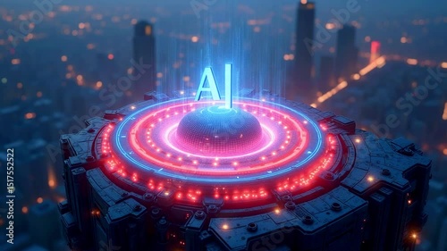 Futuristic cityscape at twilight showcasing neon-lit AI technology hub with vibrant lights