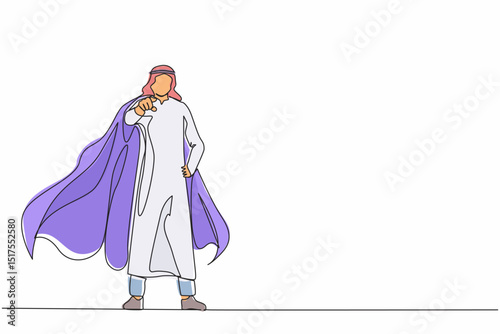 Single one line drawing leadership Arab businessman in superhero cloak. Leader or boss pointing direction goals, aims defining strategy development. Continuous line design graphic vector illustration