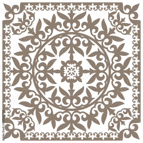 Golden square Kazakh national ornament. Elements of the national pattern of ancient nomads, Turks, Mongols, Kyrgyz, Kalmyks, Buryats. Ornamental floral pattern. Template for carpet, shawl, pillow