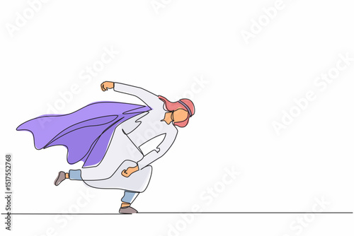 Continuous one line drawing superhero Arab businessman punching breaking through problem. Elimination obstacles. Motivation to win, reliable leadership. Single line design vector graphic illustration