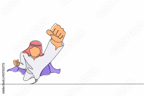 Single one line drawing superhero Arabian businessman wearing cape. Manager leader flying up with stretched arm clenched fist. Super businessman fly forward. Continuous line draw design graphic vector