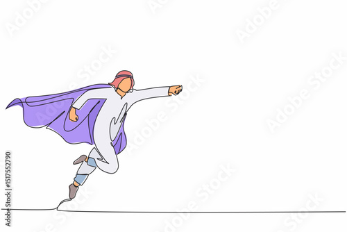 Single continuous line drawing super Arabian businessman punches pose, employee superhero flying, business concept power, success and overcome difficulties. One line graphic design vector illustration