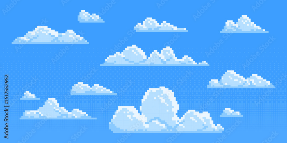Pixel clouds set for game background - fluffy cumulus cloudscape in 8 bit style. Cartoon sky elements, retro gaming sprites, pixelated aerial landscape assets. Decorative nostalgic pixelart designs.