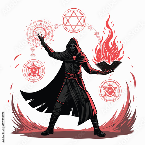 Render a gothic summoner, cloaked and hooded, emanating a crimson aura, with glowing, floating runes of arcane power surrounding them.
