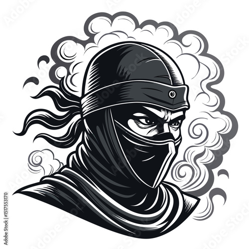 Create a detailed illustration of a masked ninja's head, shrouded in swirling smoke, isolated on a pure white background.  High-resolution, dramatic lighting.