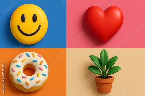 Cheerful and Vibrant Pop - inspired Background. This image features a collection of playful 3D objects—a smiley face, a heart, a donut with sprinkles