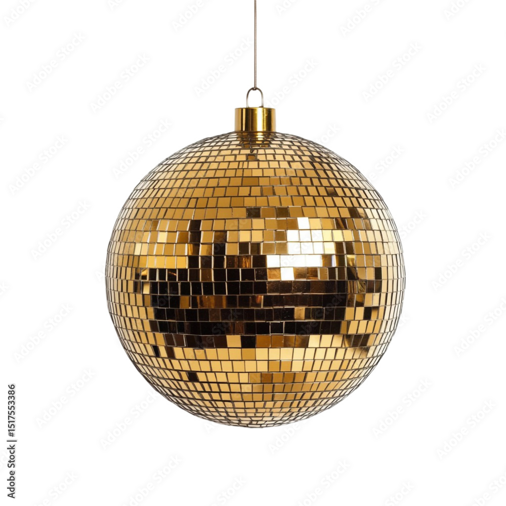 Obraz premium A large golden disco ball hangs from above reflecting light