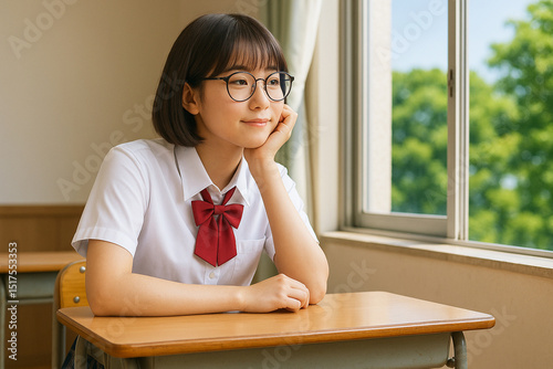 教室で窓の外を見つめる女子学生（夏服）