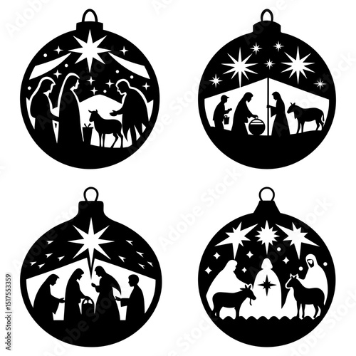 Silhouette christmas ornaments depicting nativity scenes with stars and religious figures inside circles