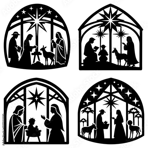 Four black silhouette nativity scenes featuring mary joseph baby jesus and animals under a star design