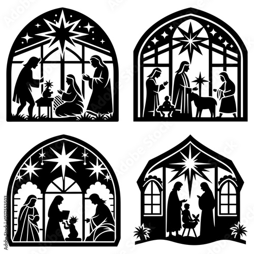 Four christmas nativity scenes in arched frames with stars and silhouettes of mary joseph and baby jesus