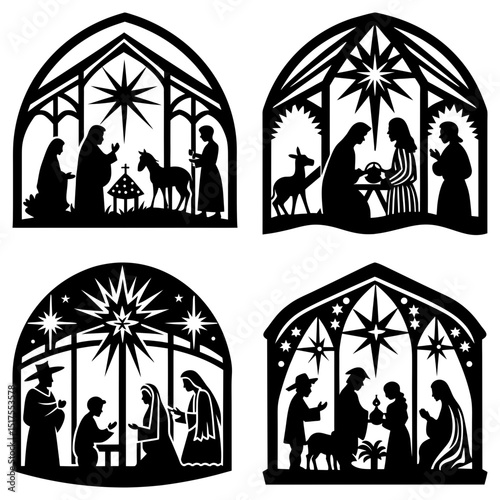 Four nativity scene silhouettes depicting the birth of jesus with stars and various figures present in black