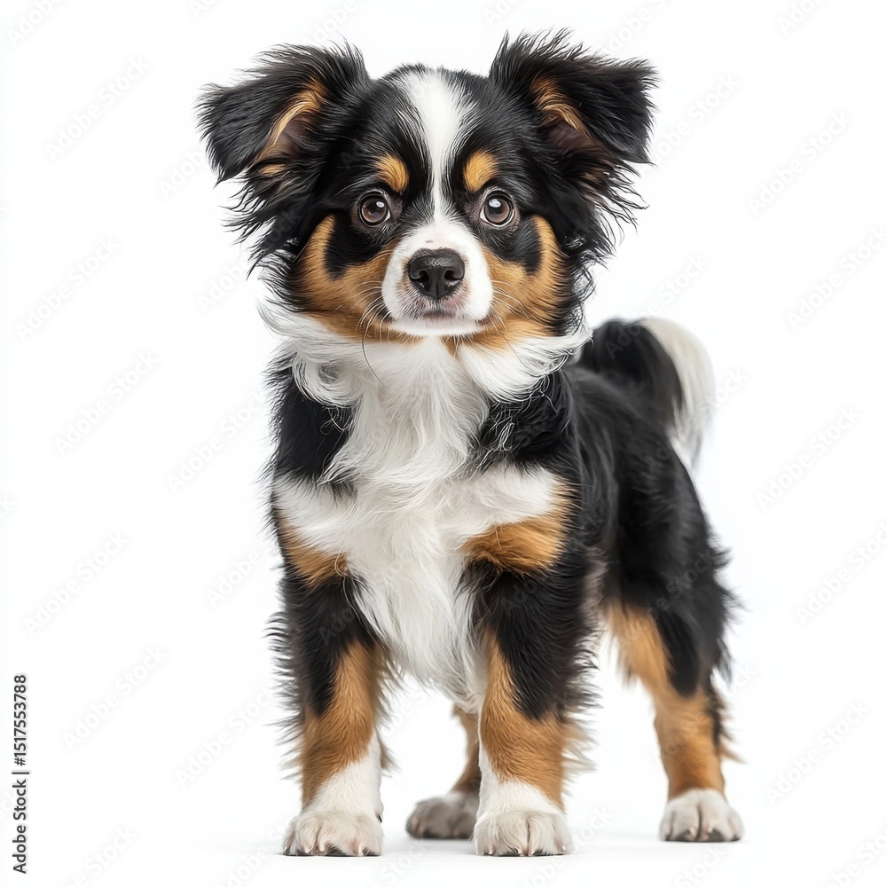 Adorable small Australian Shepherd puppy with black white and tan fur standing on white background looking curious and alert with floppy ears and expressive eyes Adorable small Australian Shepherd puppy with black white and tan fur standing on white background looking curious and alert with floppy ears and expressive eyes