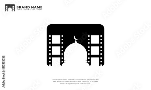 Mosque Cinema logo. Modern logo combination film strip with mosque elements. Ideal for Islamic media, education, film festivals, or cultural organizations.