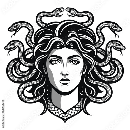 Create a detailed illustration of Medusa's head, featuring intricately rendered snakes for hair, isolated against a stark white background.  High detail, sharp focus.
