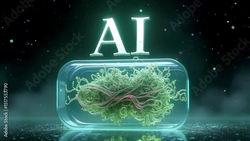 Futuristic representation of AI encapsulated in a glowing capsule, surrounded by abstract elements