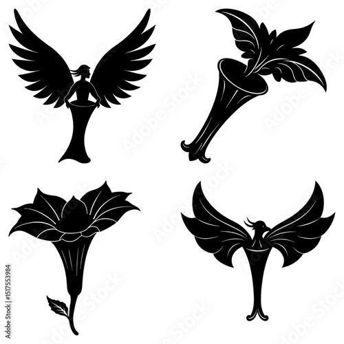 Four black and white floral and winged figure illustrations on a white background in a symmetrical layout