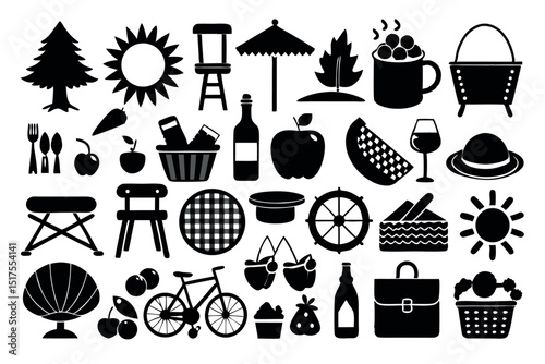 Summer Vacation Black Silhouette Icons Set