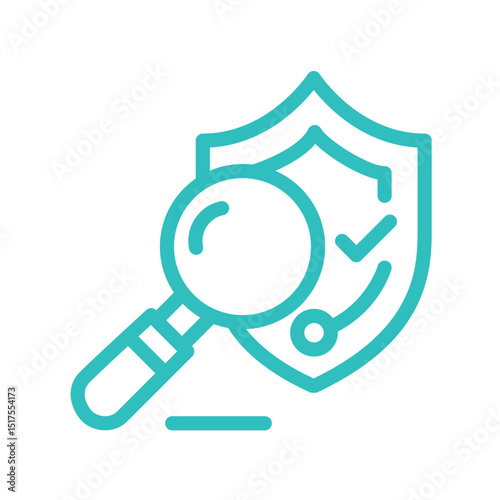 Security shield with magnifying glass symbolizing protection and verification. Digital insurance icon cyber security symbols concept.