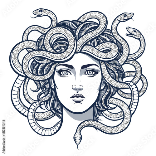 A detailed rendering of Medusa's head, featuring intricately rendered snakes as hair, isolated on a pure white background.  High detail, sharp focus.