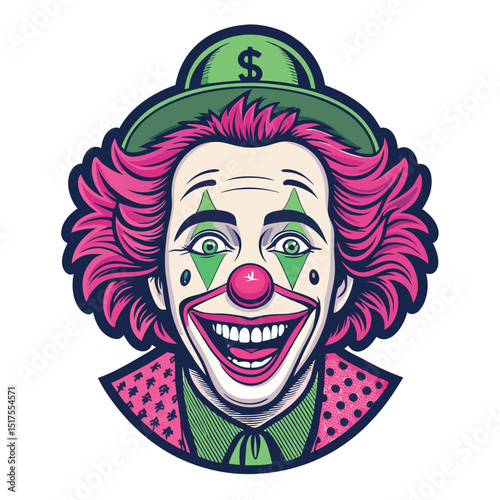 A sinister grinning clown with dollar signs for eyes, weeping neon tears;  a grotesque, surreal portrait.