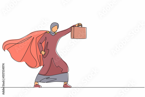 Continuous one line drawing Arabian businesswoman superhero standing with suitcase. Portrait of young office worker. Office, business, employee. Single line draw design vector graphic illustration