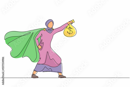 Continuous one line drawing superhero Arabian businesswoman present symbol of income. Happy employee superhero shows money bag metaphor of income, investment, profit, growth. Single line design vector