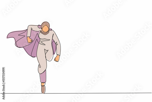 Single one line drawing running business hero. Arab businesswoman in cape superhero actions running. Professional working powerful superheroes. Success, leadership. Continuous line draw design vector