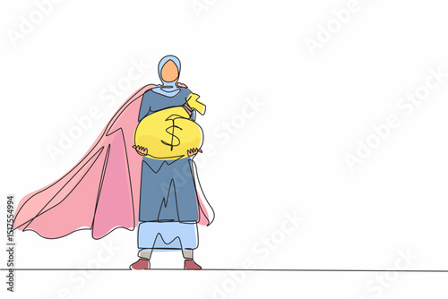 Single continuous line drawing gigantic profits of financial success. Super Arabic businesswoman hero with bag of money. Business metaphor. Success, career. One line graphic design vector illustration