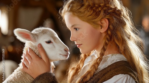 Young girl tenderly holding a fluffy white lamb - heartwarming bond