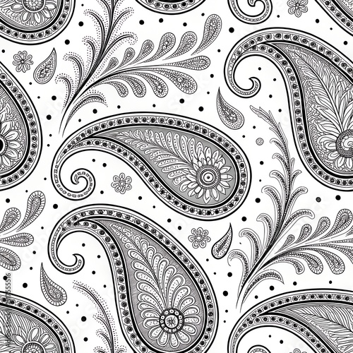 Black and White Vector Paisley Seamless Pattern