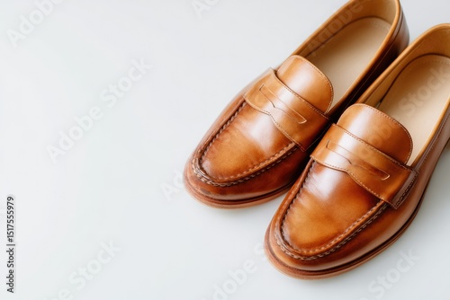 A high-angle, close-up shot of a pair of light brown leather loafers on a white background. The shoes are neatly arranged, showcasing their polished finish and classic penny loafer design