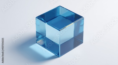 A translucent light blue glass cube casts a shadow on a pale background, showcasing its smooth, polished surfaces and internal reflections