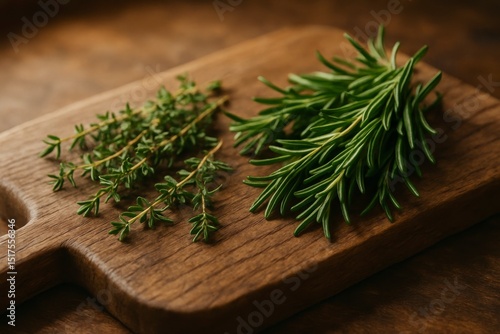 Fresh thyme and rosemary sprigs on a wooden cutting board surface