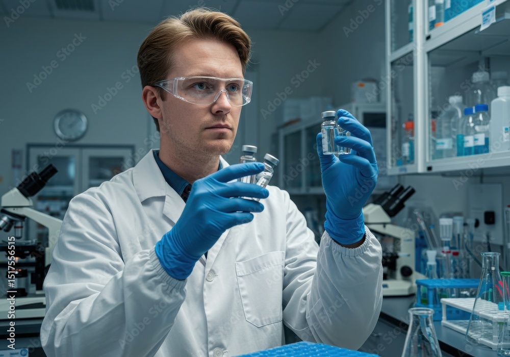 Fototapeta premium Scientist examining vials in laboratory setting