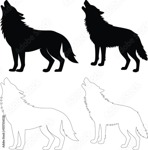 Black vector silhouette of a wolf howling at full moon on white background