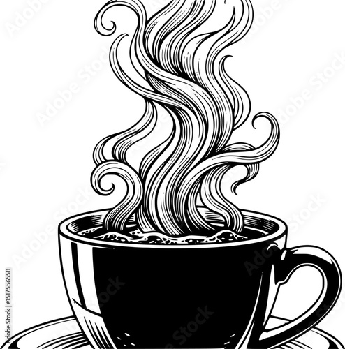 A cup of hot coffee, steam rising from the cup, dramatic black and white silhouette style.
