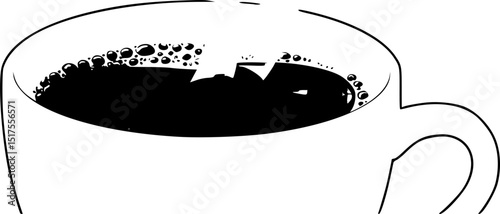 A cup of hot coffee, steam rising from the cup, dramatic black and white silhouette style.
