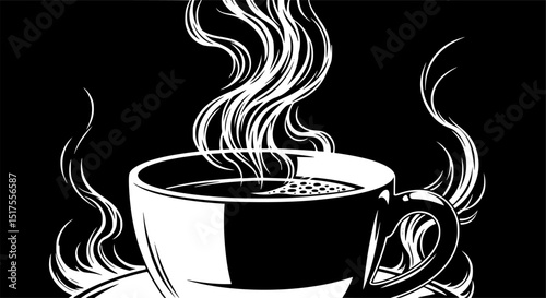 A cup of hot coffee, steam rising from the cup, dramatic black and white silhouette style.
