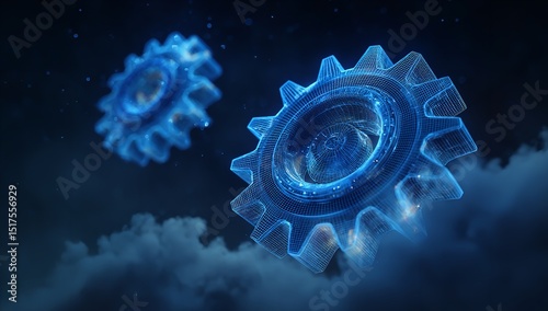 Conceptual innovation with digital gears rising above the clouds signifying progress in tech ethereal blue