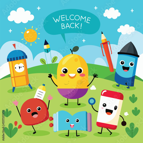Welcome Back to School with Cute Cartoon School Supplies Characters