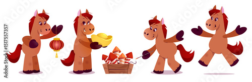 Red horse Chinese 2026 New Year symbol - cartoon mascot holding lantern, gold ingot, humping cheerfully and launching fireworks. Cute animal character celebrating lunar festival. Funny holiday pony.