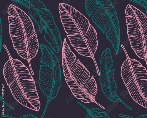 Tropical banana leaves seamless pattern with pink and teal outlines on dark background. Elegant hand-drawn botanical design for fabric, textile, wallpaper, or wrapping paper. Vector illustration